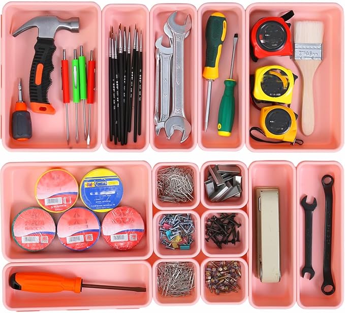 15 PCS Interlocking Desk Drawer Organizer Separator for Office,Bathroom,Kitchen,Makeup（Pink）-NeatNest