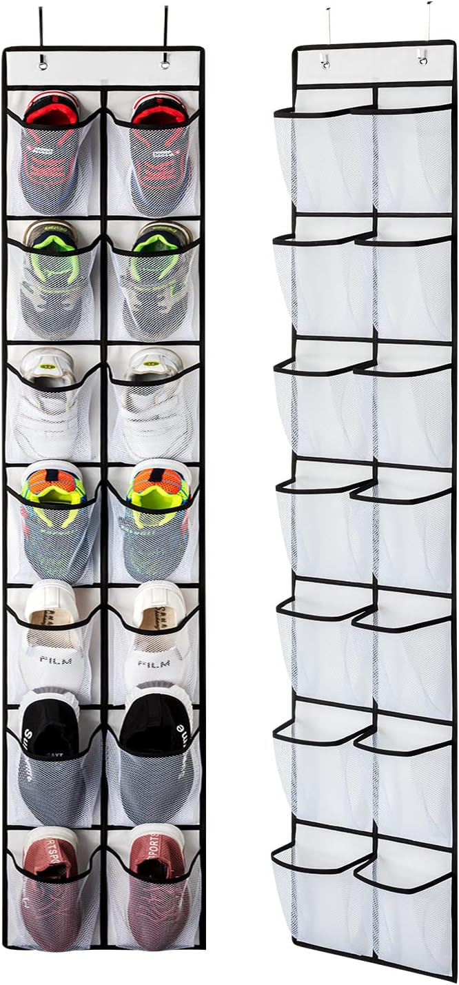 KEEPJOY Over the Door Shoe Organizer, Hanging Shoe Organizer with 4 Hooks, Shoe Holder with 14 Mesh Pockets Closet Door Shoe Storage Bag (White-2Pack)-NeatNest