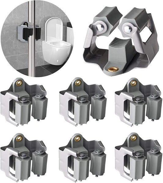 3-H Mop and Broom Holder Wall Mount 6 Pack, Broom Holder for Garage Garden Shed Storage System Laundry Room Home Kitchen Organization up to 1.45 Inch(grey)-NeatNest