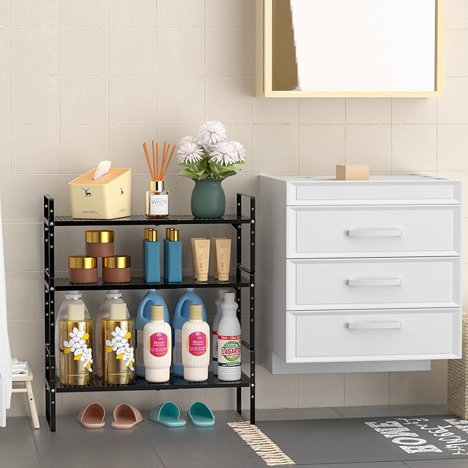 Expandable Kitchen Cabinet Shelf Organizer, Stackable Metal Pantry Storage Shelves, Adjustable Counter Shelf Organizer Rack for Kitchen Cabinets, Cupboard, Countertop, Closet, Black-NeatNest