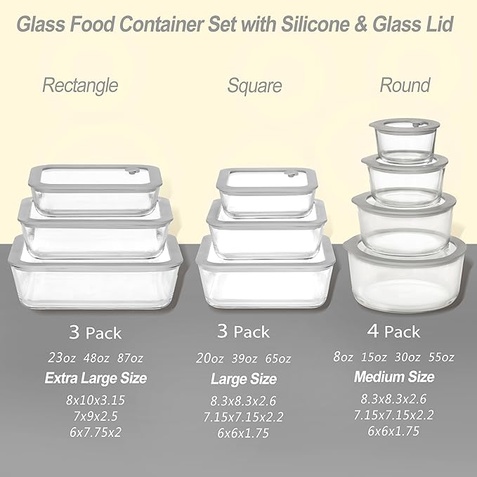 Glass Food Containers with Glass Lid, Microwave Safe Food Storage Container Set, 3 Pack, Square Shape, Food Containers with Lids, Meal Prep containers with Leak Proof Lid.