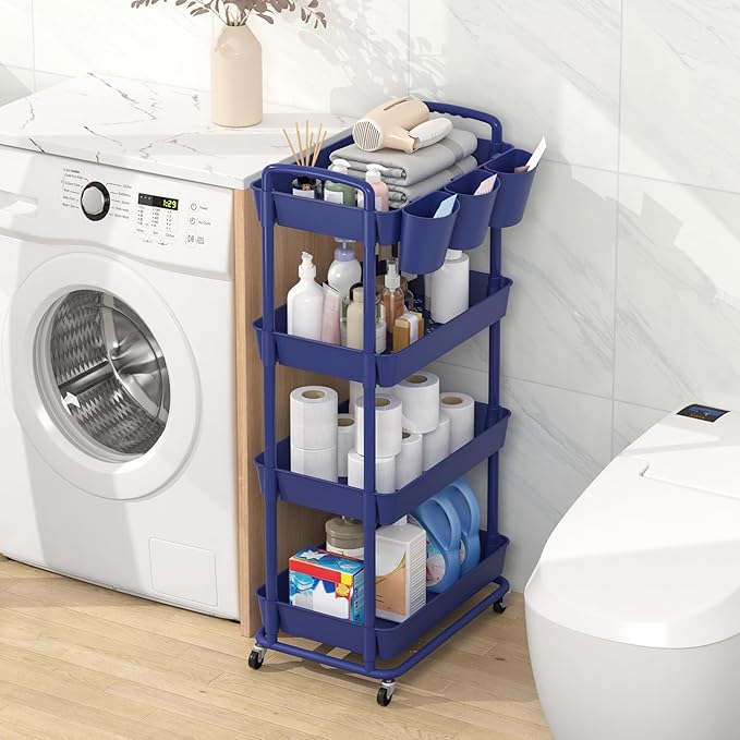JIUYOTREE 4-Tier Plastic Rolling Storage Cart Utility Cart with Extra Hanging Cups Handles Lockable Wheels for Living Room Bathroom Kitchen Office Blue-NeatNest