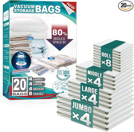 TAILI 20 Pack Combo Vacuum Storage Bags, Vacuum Seal Bags for Clothing (4 Jumbo, 4 Large, 4 Medium, 8 Travel Roll), Space Saver for Bulky Clothing, Beddings, Comforters, Saving More Closet Space-NeatNest