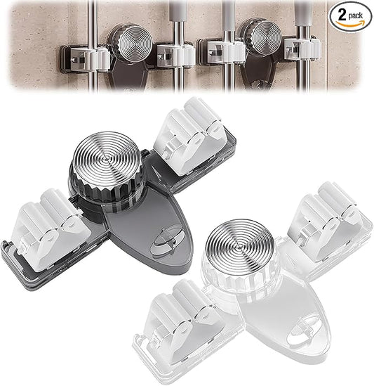 2Pcs Broom Holder Mop Hanger Wall Mount Mop Grippers No Punching Required Broom Hanger Organizer No Drill Cleaning Tools Rack for Bathroom, Kitchen, Office, Utility Room, Laundry, Garage(Grey+White)