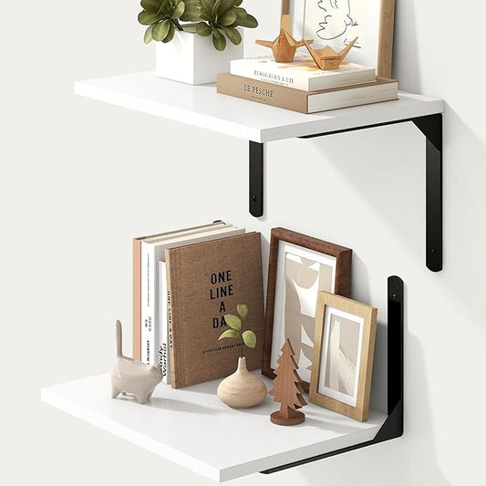 Fun Memories Floating Shelves for Wall, 12 Inch Deep Floating Shelves Set of 2, Wall Mounted Shelf with Metal Brackets, Rustic Wood Wide Shelf for Bathroom, Kitchen and Living Room, White, 16W x 12D-NeatNest