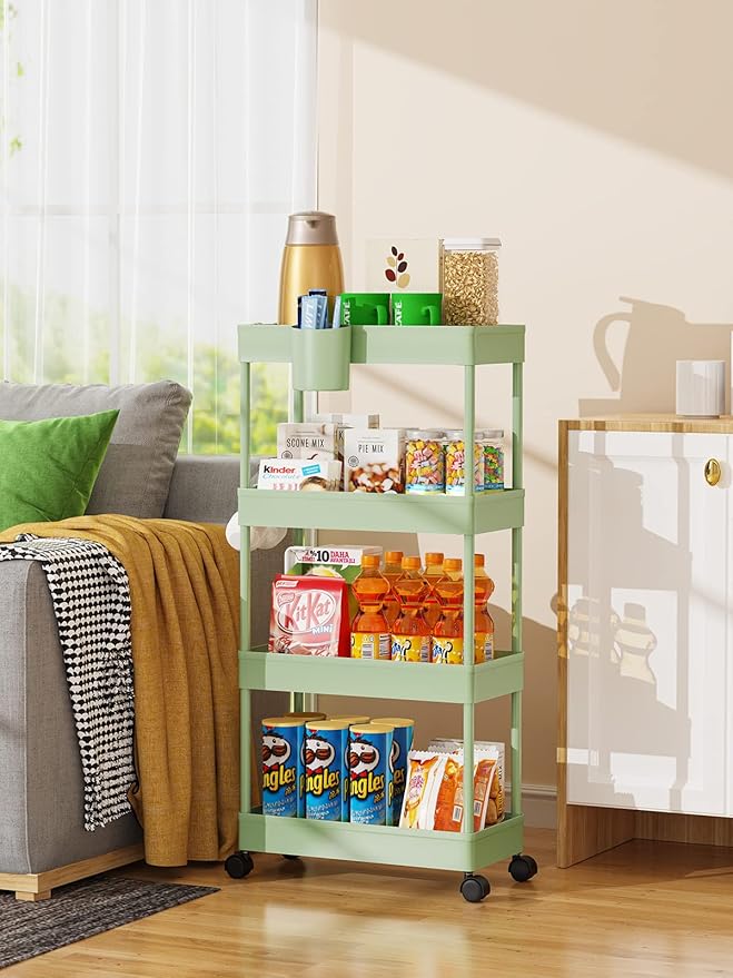 LEHOM Slim Rolling Storage Cart - 4 Tiers Bathroom Organizer Utility Cart Slide Out Storage Shelves Mobile Shelving Unit for Kitchen, Bedroom, Office, Laundry Room, Small Narrow Spaces, Green