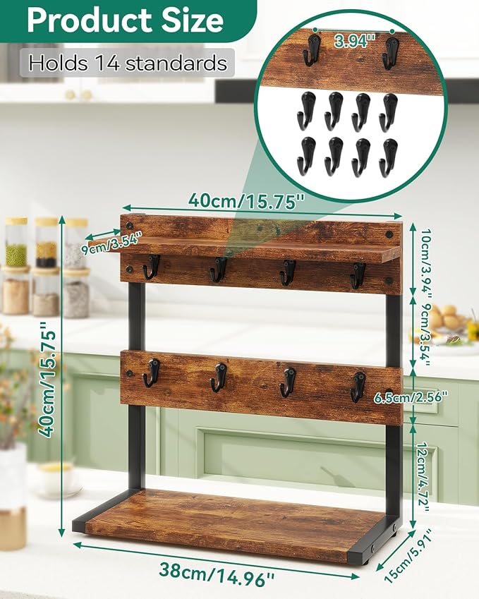IBUYKE Rustic Coffee Mug Holder Stand, 2 Tier Countertop Mug Tree Holder Rack with Storage Base, Vintage Mug Holders for Kitchen, Holds 8 Mugs, Rustic Brown UTBJ002H-NeatNest