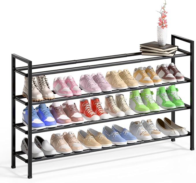 Bumusty 4-Tier Long Expandable Shoe Rack for Closet, 18"-44" Adjustable Shoe Rack for Entryway, 20-24 Pairs Large Shoe Organizer Shelf Storage, Sturdy Metal, Black-NeatNest