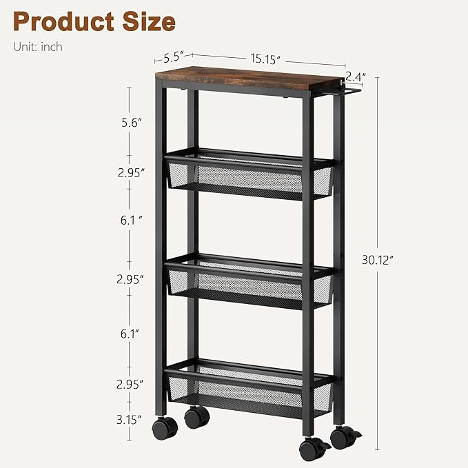 Hoctieon Slim Rolling Storage Cart, 4-Tier Narrow Kitchen Storage Cart with Handle & Wheels, Mobile Shelving Unit, Wooden Top & Metal Frame, Utility Cart for Kitchen, Small Spaces, Rustic Brown