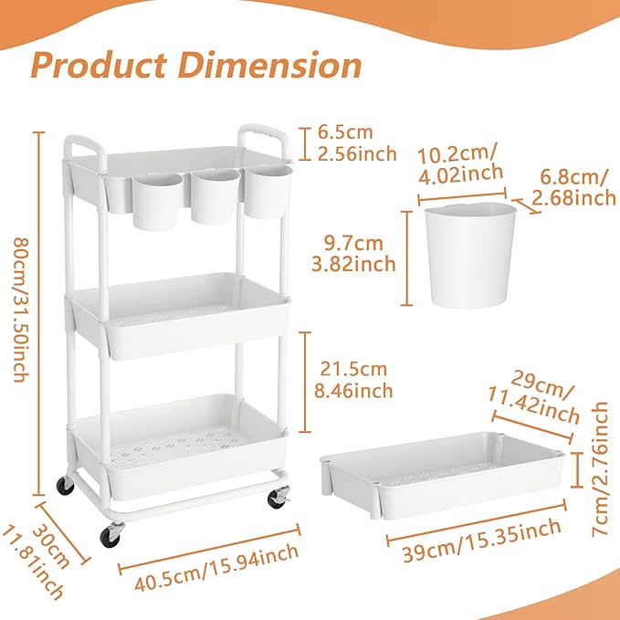 JIUYOTREE 3-Tier Plastic Rolling Storage Cart Utility Cart with Extra Hanging Cups Handles Lockable Wheels for Living Room Bathroom Kitchen Office White-NeatNest