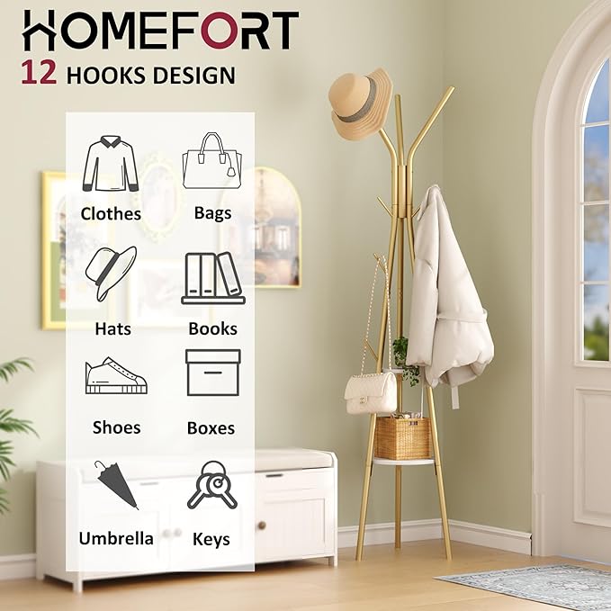 HOMEFORT Coat Rack, Coat Hanger Stand with 2 Shelves, Freestanding Hall Tree, Metal Hat Hanger with 12 Hooks for Clothes Hats and Scarves (Gold)-NeatNest