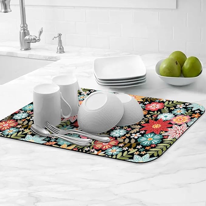 Colorful Embroidery Flowers Dish Drying Mats Super Absorbent Dish Drainer Rack Pad Non-Slip Drying Mat for Kitchen Counter, 20"x12"-NeatNest