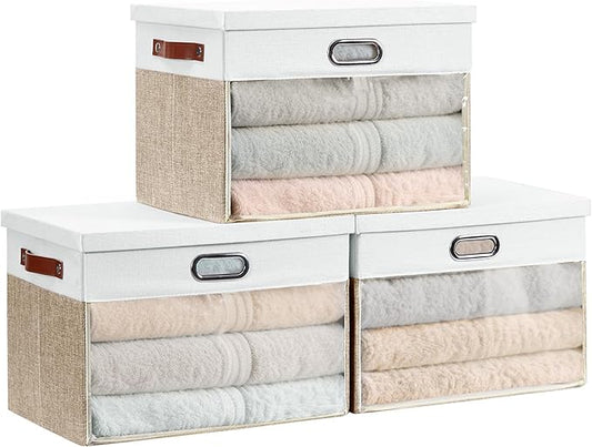 Fabric Clear Window Storage Bins with Lid, Closet Storage Box Linen Closet Baskets with 3 Handles for Organizing Clothing, Jeans, Shelves 17''- 3 Pack (Beige and White)