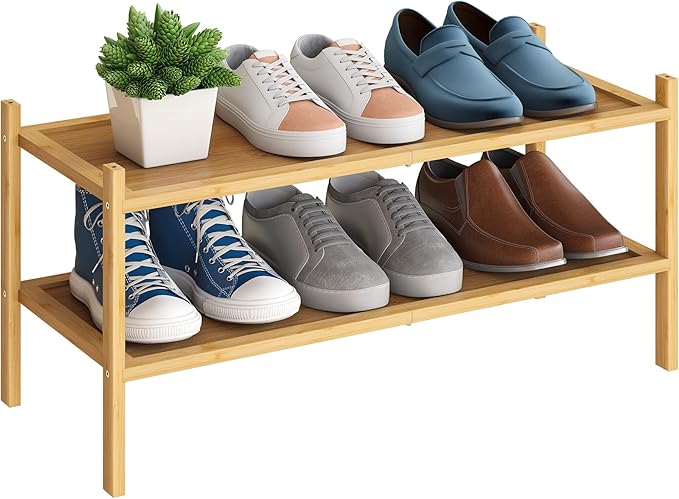 BMOSU 2-Tier Bamboo Shoe Rack Premium Stackable Shoe Shelf Storage Organizer for Hallway Closet Living Room Entryway Organizer(Natural)-NeatNest