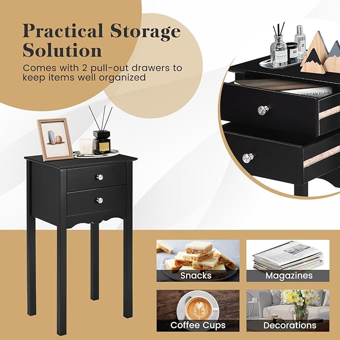 Giantex 2 Pcs End Table w/ 2 Drawers Side Table Nightstand Multi-Purpose Accent Table Living Room Bedroom Home Furniture (2, Black)