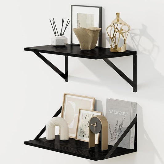 Fun Memories Deep Floating Shelves for Wall, 16W x 8D Wall Mounted Shelves Set of 2, Wide Display Ledge Shelf with Sturdy Metal Brackets for Living Room, Bathroom, Bedroom and Kitchen, Black-NeatNest
