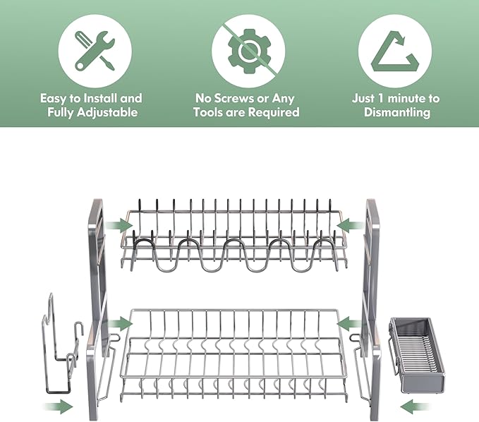 BOOSINY 2 Tier Dish Drying Rack and Drainboard Set, Large Stainless Steel Dish Drainers for Kitchen Counter, Plates Strainer Shelf with Cup Holder（Sliver）-NeatNest