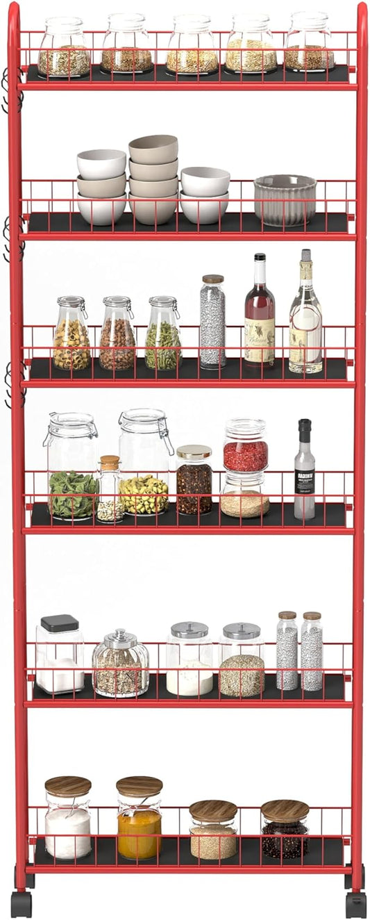6 Tier Slim Storage Cart with Wheels Metal Rolling Organizer Utility Cart Narrow Mobile Shelving Unit Tiered Storage Shelf on Wheels for Kitchen Bathroom (Red, 6")