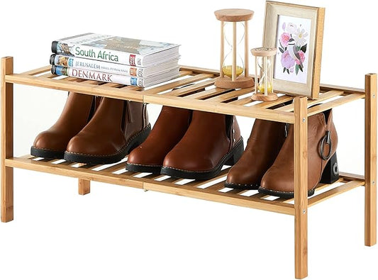 2-Tier Bamboo Shoe Rack for Entryway, Stackable | Heavy Duty | Multi-Function, Free Standing Shoe Racks for Bedroom Hallway Closet-NeatNest