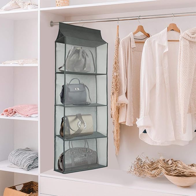 Closet Handbag Purse Holder, Space Saving Hanging Handbag Storage Tote Bag Organizer Holder with 4 Large Heavy-Duty Mesh Shelves for Wardrobe Closet(Pack of 2 Gray)-NeatNest