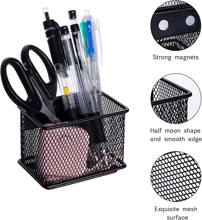 dedoot 2 Pack Magnetic Pen Holder, 3.45x2.3x2.6 Inch Magnetic Basket Locker Organizer Metal Mesh Pencil Memo Holder for Whiteboard, Fridge, Desk, Offices-NeatNest