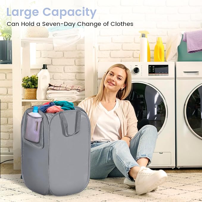 HOUSE AGAIN Upgraded Pop-up Laundry Hamper 2 Pack, Collapsible Laundry Basket with Durable Handles Solid Bottom High Steel Frame, Portable Foldable Dirty Clothes for Dorm, Laundry room Travel, Grey-NeatNest