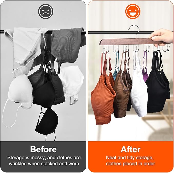 Bra and Tank Top Closet Organizer Hangers, 2-Pack with 14 Hooks, Foldable Wooden Space-Saving Hanger, 360° Rotating Closet Organizer for Bras, Tank Tops, Scarves, and More (Brown)-NeatNest