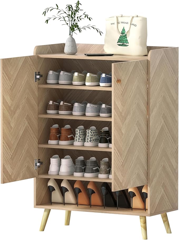 Anmytek Accent 6-Tier Wooden Shoe Cabinet with Adjustable Shelves and Doors, Farmhouse Storage for Entryway or Hallway