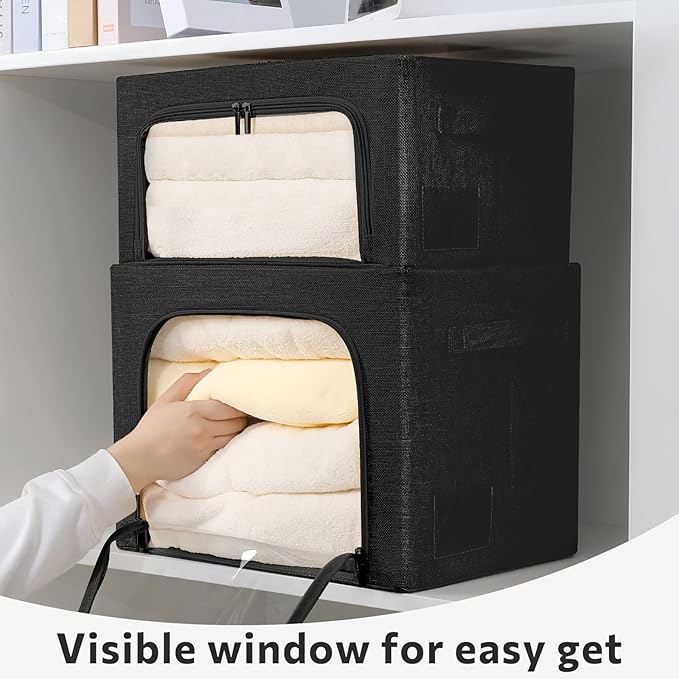 2 Pack Clothes Storage Bins Stackable Metal Frame Storage Box Foldable Linen Fabric Box Organizer with Carrying Handles and Clear Window (Black, 15.7x 11.8x 11.7 Inch)-NeatNest