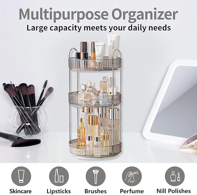 360 Rotating Makeup Organizer,3 Tier Large Capacity Make Up Organizers and Storage,Makeup Organizer for Bathroom,Cosmetic Perfume Stand Organizer(Grey-3 Tier)-NeatNest