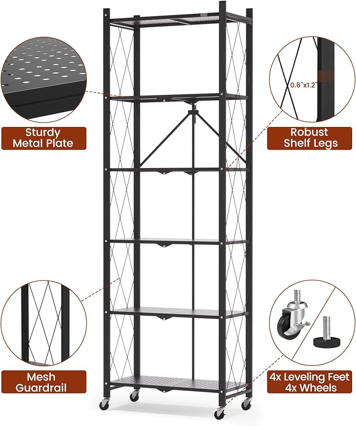 ALANNG 73.6 Inch Folding Bookshelf, 6 Tier Metal Bookcase and Bookshelves, Tall Shelves for Living Room Office Bedroom, Heavy Duty Book Shelve Free Standing Open (Black, 1PACK)