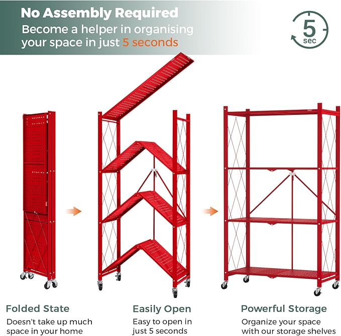 DEANIC 4 Tier Foldable Storage Shelves with Wheels, Large Capacity Shelving Unit, Freestanding Metal Wire Shelf Rack, No Assembly Organizer Rack for Garage Kitchen, Basement(Red)-NeatNest