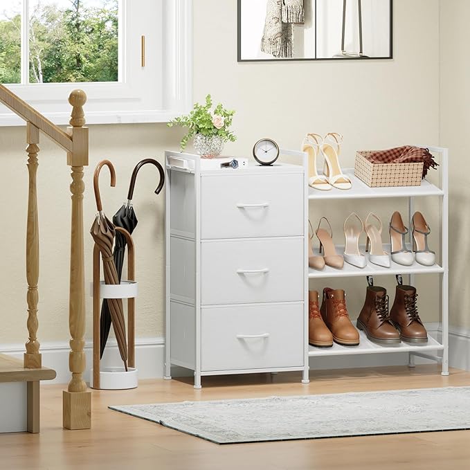 Somdot Shoe Rack, 3 Tier Shoe Organizer with 3 Drawers, Metal Shoe Storage Shelf for 6-9 Pairs of Shoes, Narrow Shoe Rack for entryway, White Leather-NeatNest