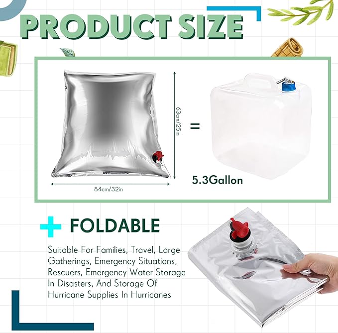 Frienda 6 Pcs 32 Gallon Camping Water Containers 5.3 Gallon/ 20l Water Storage Bladders Collapsible Portable Emergency Bags with Spigot Aluminized for Outdoor Hiking Fishing