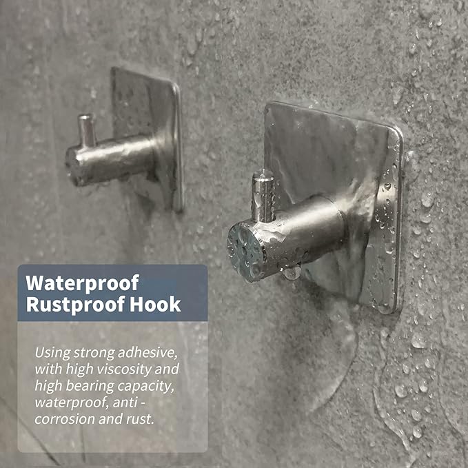 Adhesive Hooks, Waterproof Adhesive Shower Hanger Hooks for Hanging Loofah, Sponge, Robes Stainless Steel Stick on Shower Hooks for Bathrom Brush Nickel Removable Sticky Wall Hooks 4 Pcs
