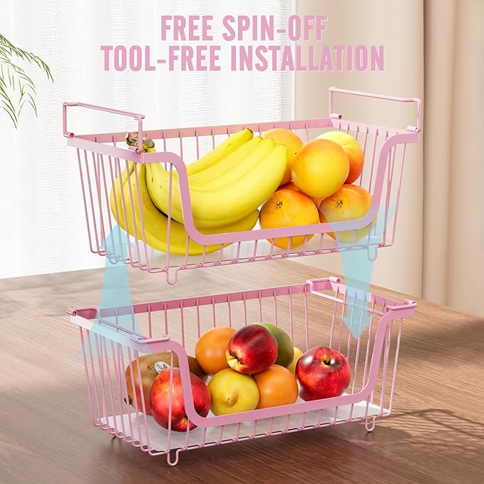 4 Pcs Stackable Wire Baskets for Pantry Organizers and Storage,Vegetable Fruit Basket for Countertop,Kitchen Storage Metal Baskets,Produce Potato Onion Storage Bin,pink