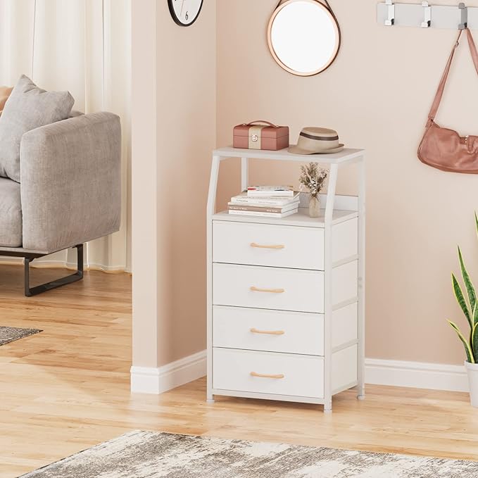 Furnulem Tall 4 Drawers Dresser, Vertical Storage Tower for Bedroom, Hallway, Entryway, Nursery, Closet Organizer, Nightstand Bedside Table Furniture, Sturdy Steel Frame, Wood Top, White-NeatNest