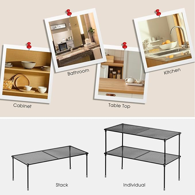 2-Pack Kitchen Cupboard Shelf Organizer for Cabinet, Expandable & Stackable Counter Cupboard Organiser, Storage Rack for Bathroom, Kitchen, Laundry Room-NeatNest