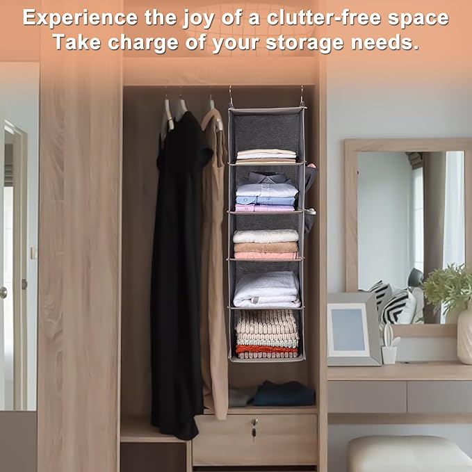 BOOMIBOO Hanging Closet Organize and Shelves，5-Hanging Shelf with 2 Side Pockets，Storage Foldable （2 Pack ，Grey）-NeatNest