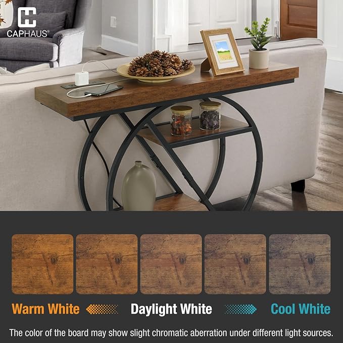 CAPHAUS 41” Unique Design 4-Tier Industrial Thick Sofa Console Table w/Storage & Charging Station, Entrance Tableau w/ 2 Outlets, USB & Type-C Ports for Living Room, Hallway, Rustic, Hourglass-NeatNest