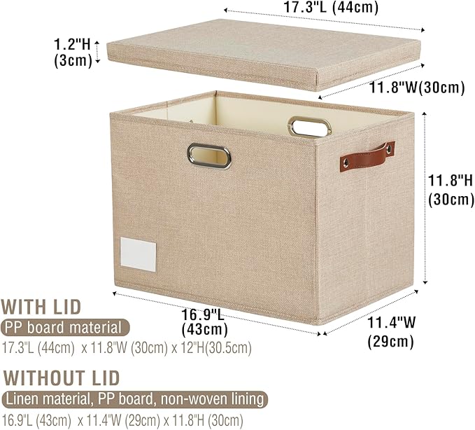 17" Large Collapsible Storage Bins with Lids, Stackable Closet Organizers with PU Handle and Labels, 3-Pack Decorative Fabric Storage Boxes for Home, Bedroom, Closet, Office, Nursery(Khaki)-NeatNest