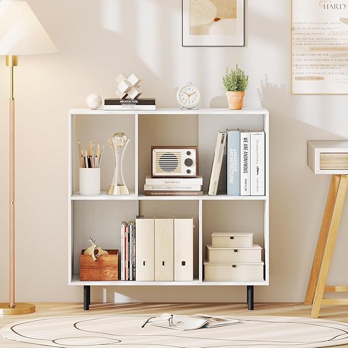 4 Cube Bookcase, Wood Storage Organizer with 4 Metal Legs, Bookshelf with Storage, Cubical Storage Shelf, Wooden Book Shelf, Display Shelves for Bedroom, Living Room, Entryway