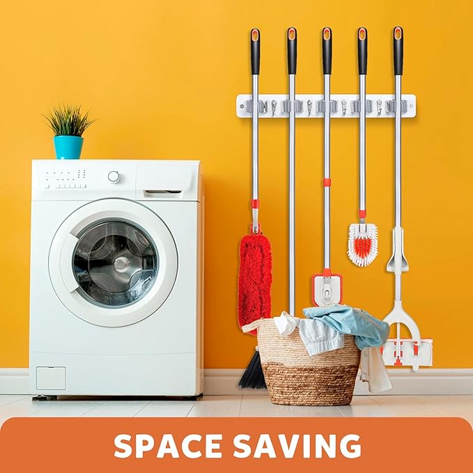 IMILLET Broom Holder Wall Mount, Wood Broom Holder with 5 Racks and 4 Hooks Broom Organizer, Laundry Room Organization and Storage, Mop Hanger for Home Organization, Garden, Garage, Closet (White)-NeatNest