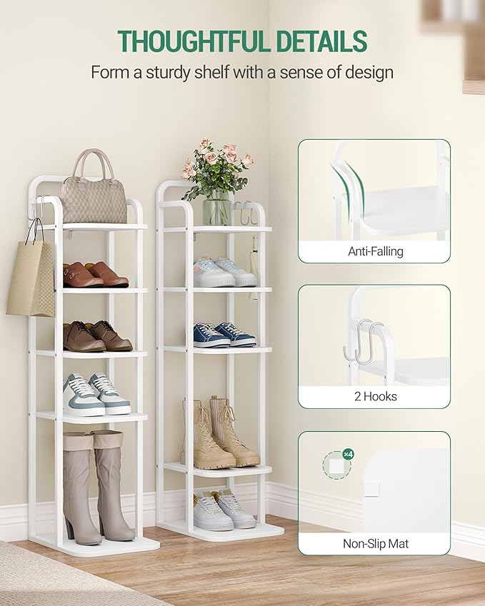 6 Tiers Vertical Shoe Rack, Narrow Shoe Tower, Tall Shoes Shelf with 2 Hooks, Adjustable Shelves, Corner Shoes Shelves for Small Spaces, Entryway, Living Room, White SR04213W-NeatNest