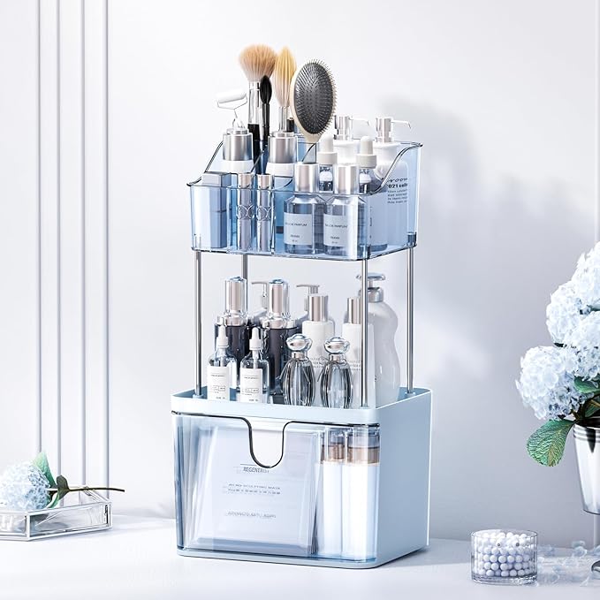 Makeup Organizer Countertop with Drawer, Bathroom Counter Organizers, Anti-Slip Dustproof Exquisite Dresser Vanity Storage for Skin Care Perfume Beauty Lipstick, Blue