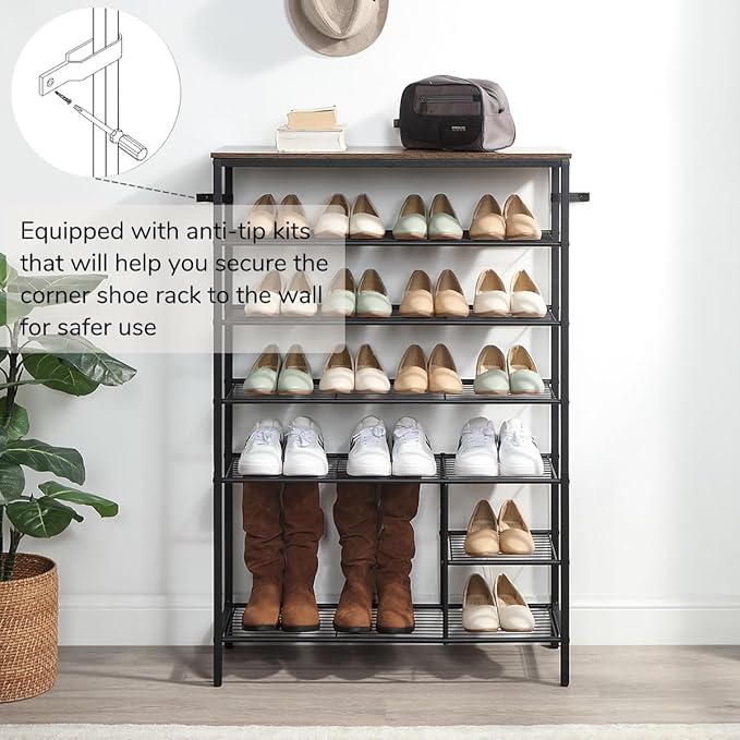 6 Tier Shoe Rack Organizer, Metal Mesh Shoe Storage Shelf, Storage Boots .for Entryway, Closet,Hallway, Bedroom,Cloakroom,Garage, Industrial,Rustic Brown-NeatNest