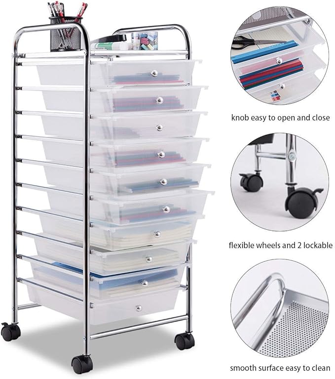 Giantex 10 Drawer Rolling Storage Cart Scrapbook Paper Office School Organizer (Clear)
