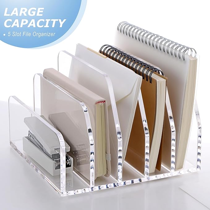 SANRUI Acrylic Desk File Organizer Holder for Desk, Clear Laddered 5 Upright Compartments Mail Sorters, Multifunction Desktop Envelope Folder Racks Document Holders for Office, Home, School-NeatNest