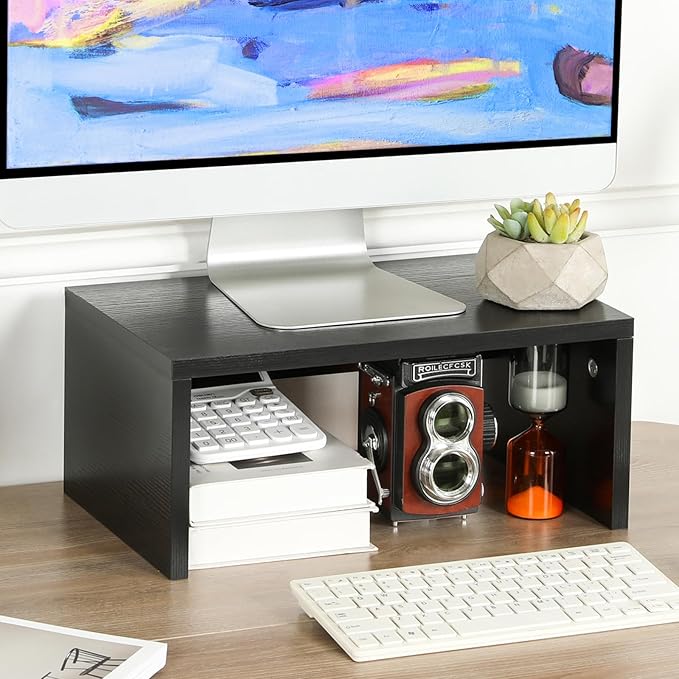 TEAMIX 14.2 inch Monitor Stand Riser, Wood Monitor Riser with Storage for Desk Small Monitor Stand TV/Screen/PC/Laptop Riser Computer Stand Desktop Shelf (Black-Higher)-NeatNest