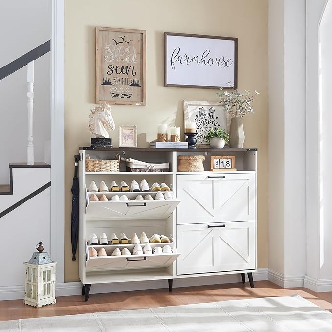 Shoe Storage Cabinet,Farmhouse Shoe Organizer with 4 Flip Drawers & Barn Door Design,Freestanding Hidden Slim Narrow Shoe Rack with Open Shelves for Entryway,Foyer,Hallway,Antique White-NeatNest